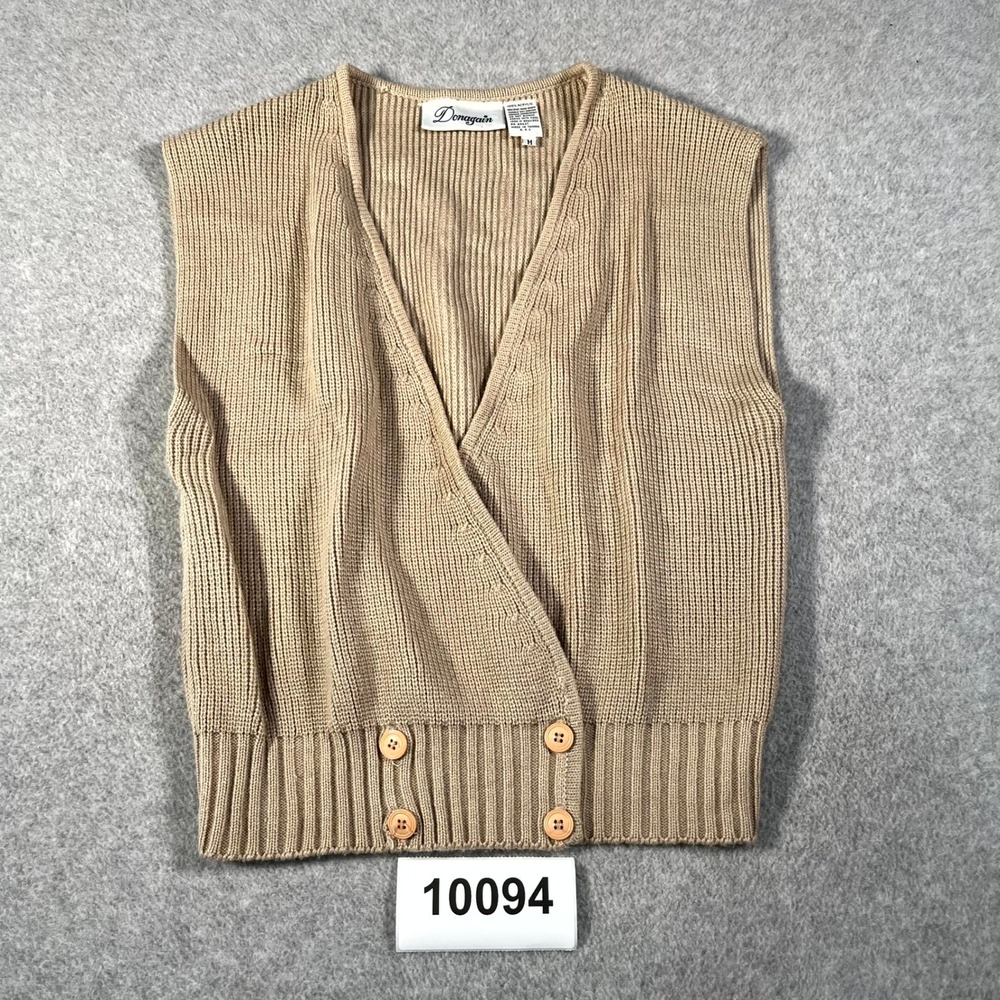 Donagain Sweater Vest Womens Medium Beige Cable Knit Acrylic Button Front Wrap